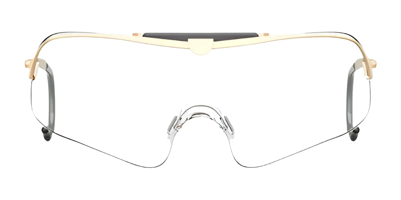 The RE Ranger Falcon Pro Shooting Glasses feature a futuristic frameless design with sleek metallic elements and nose pads for an expanded field of view.