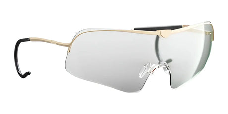 The RE Ranger Falcon Pro Shooting Glasses are futuristic and rimless with mirrored lenses, gold-tone accents, black earpieces, and an expanded field of view.