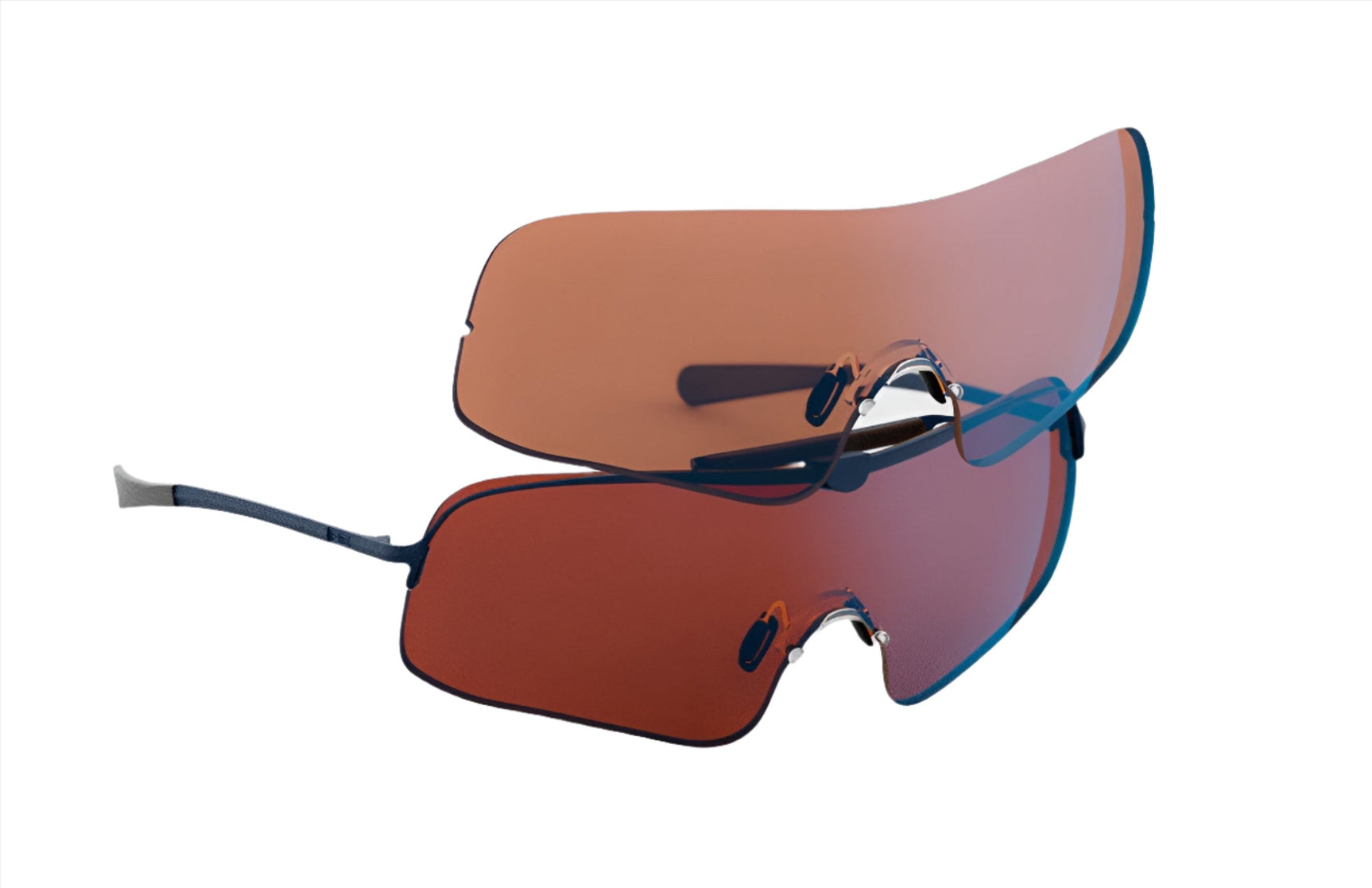 Two pairs of sporty sunglasses in navy and amber tones overlap on a white background. These are part of the RE Ranger Falcon Pro Kit, exuding a style and performance that stands out.