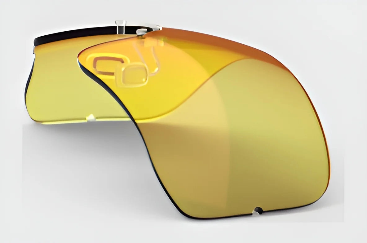 The RE Ranger Falcon Pro Lens-equipped yellow visor boasts a sleek design and integrated small spectacles, making it ideal for outdoor activities while ensuring optimal vision against a plain background.