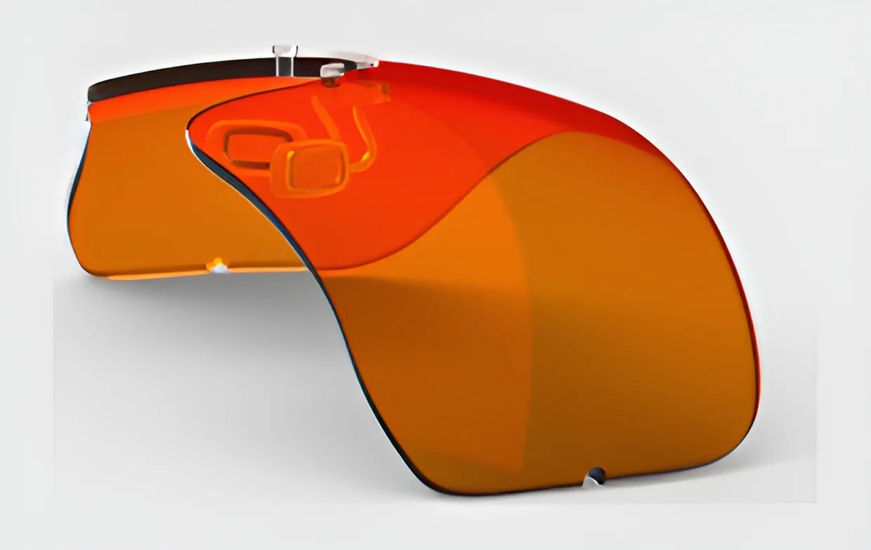 Featuring a sleek design and futuristic orange-tinted visors set against a neutral background, the RE Ranger Falcon Pro Lens by RE Ranger offers optimal vision, making it perfect for outdoor activities while enhancing every experience with clarity and style.