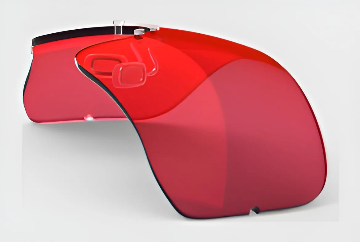 The RE Ranger Falcon Pro Lens, featuring a red curved visor with a transparent plastic frame, stands out against a white background. Ideal for outdoor activities, this lens ensures optimal vision in varying environments.