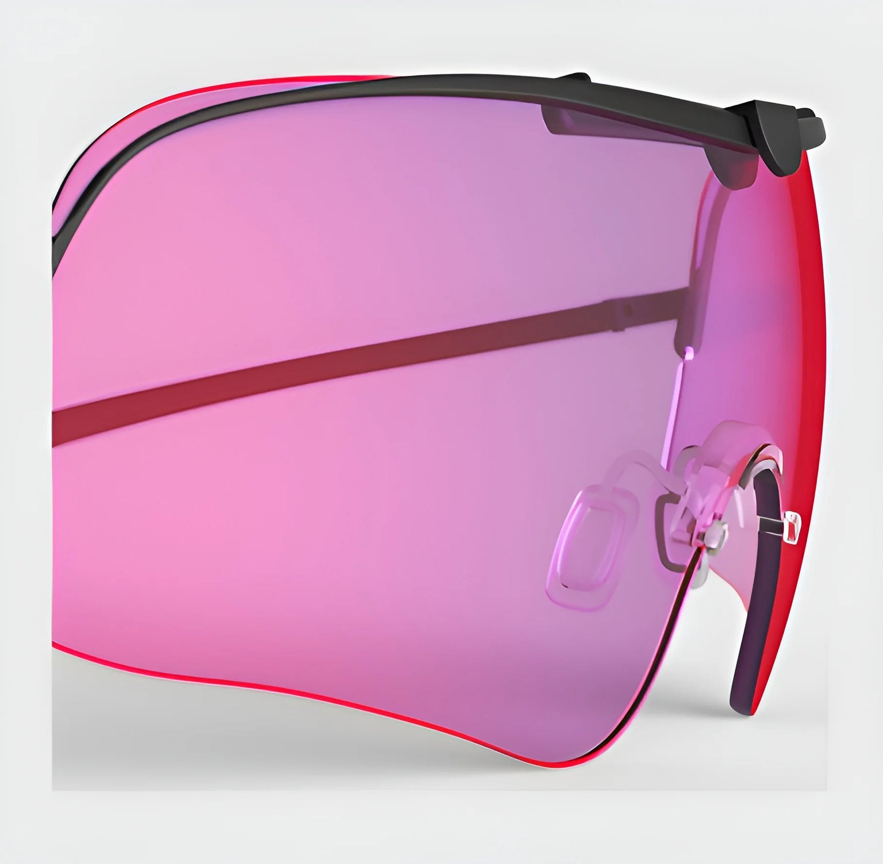 Close-up of futuristic sunglasses with a pink tint, showcasing a sleek, wraparound frame design equipped with the RE Ranger Falcon Pro Lens from RE Ranger for enhanced vision during outdoor activities.