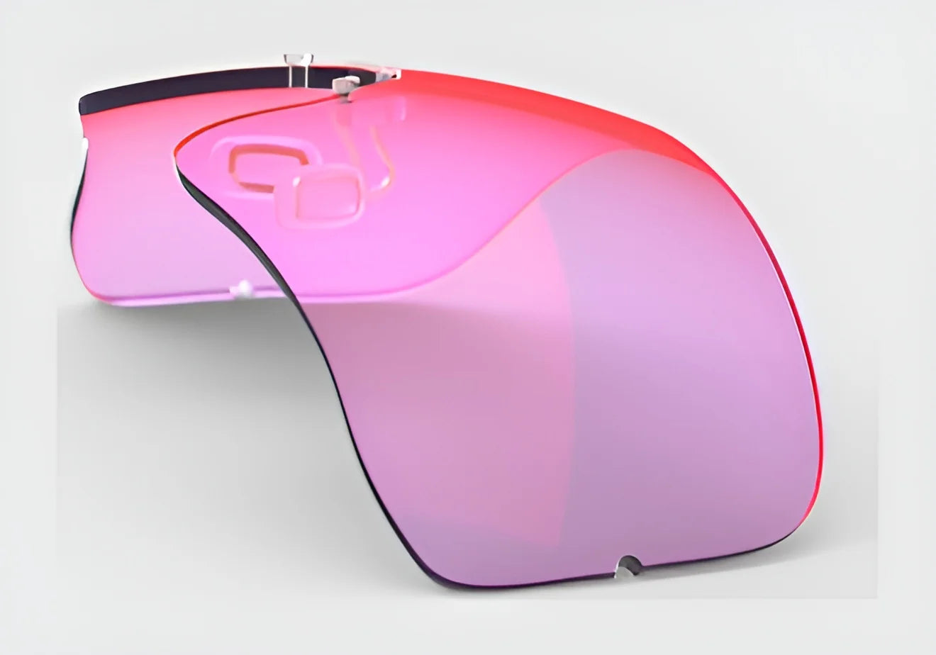 The RE Ranger Falcon Pro Lens by RE Ranger boasts a stylish, curved design with a pink and purple tinted visor that ensures exceptional vision for outdoor activities against a simple background.