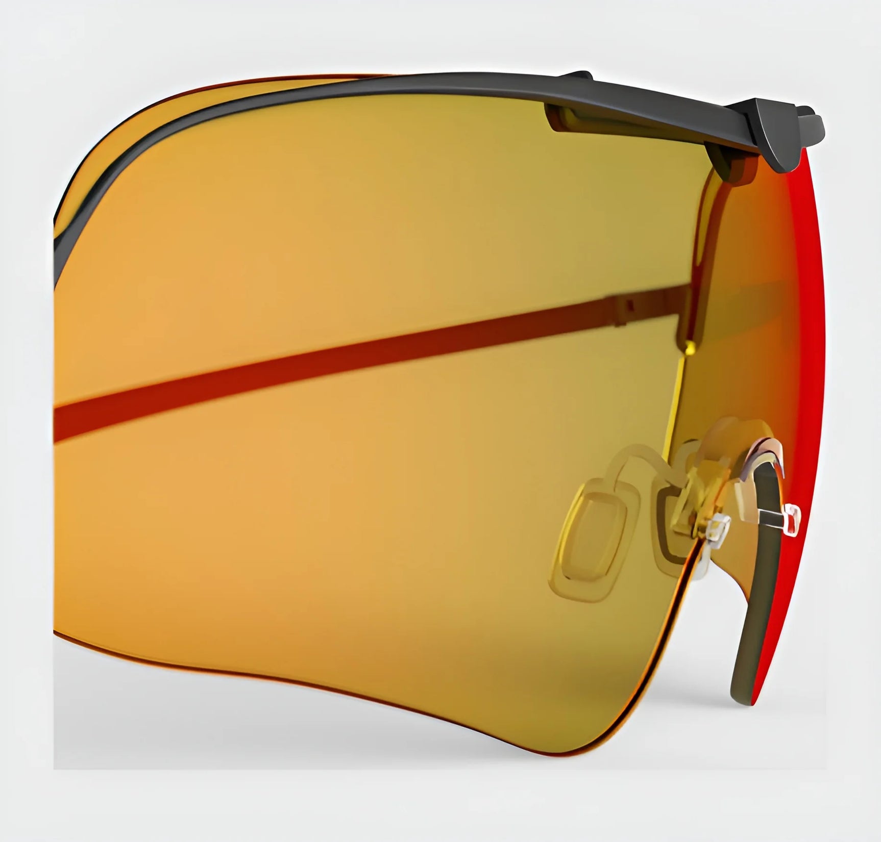 Close-up of RE Ranger Falcon Pro Lens sunglasses with a sleek black frame and mirrored orange-tinted lenses, designed for optimal vision during outdoor activities.