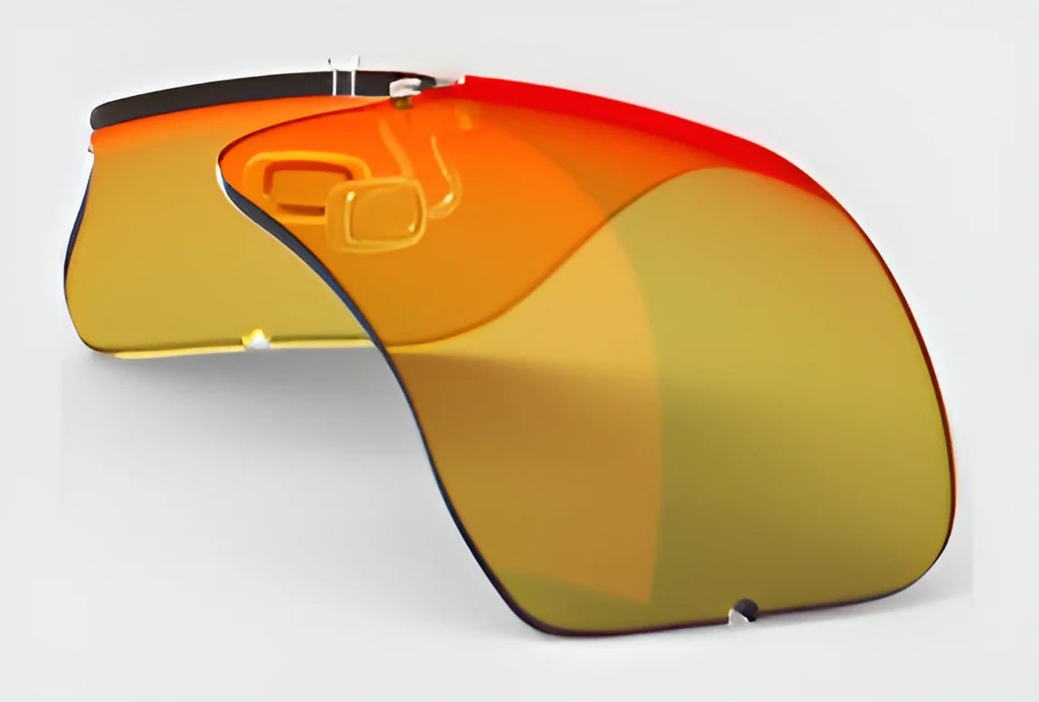 The RE Ranger Falcon Pro Lens, featuring an orange-red tinted visor and a thin black band, is set against a plain background. These retro-futuristic glasses are designed by RE Ranger for optimal vision during outdoor activities.