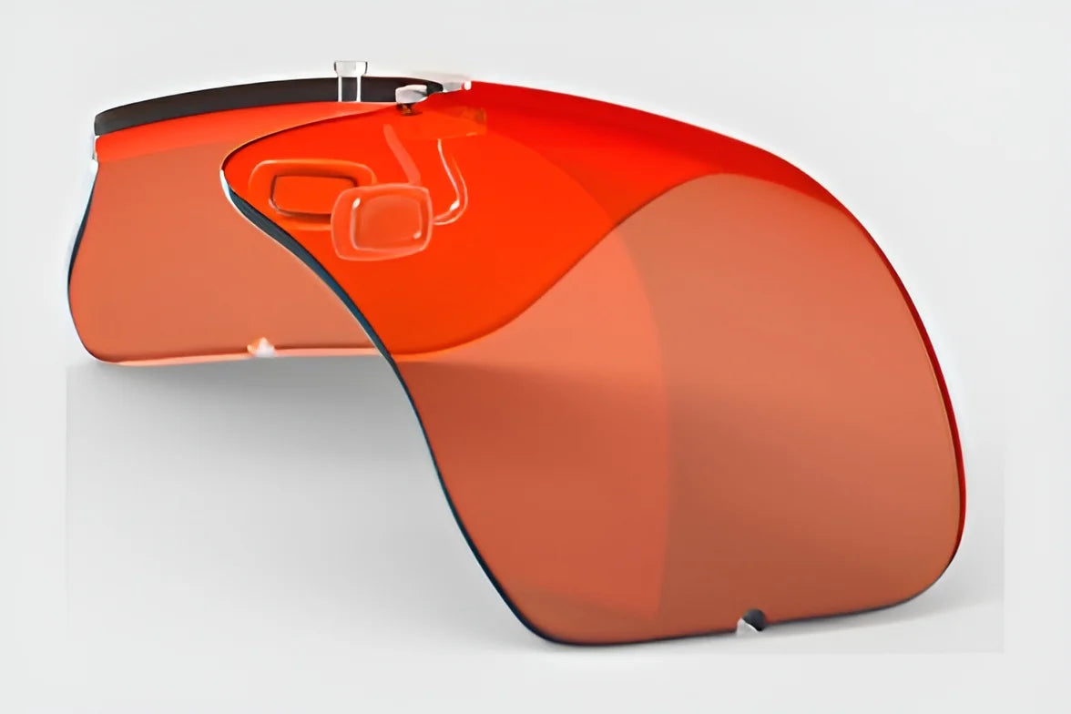 Experience optimal vision during outdoor activities with the RE Ranger Falcon Pro Lens. This orange-tinted futuristic visor highlights a sleek design and features a transparent overlay, all set against a white background.