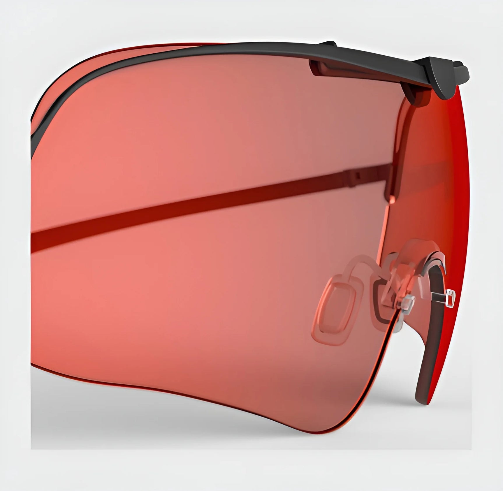 A close-up of sleek, modern wraparound sunglasses with red-tinted lenses by RE Ranger, featuring the Falcon Pro Lens for optimal vision during outdoor activities.