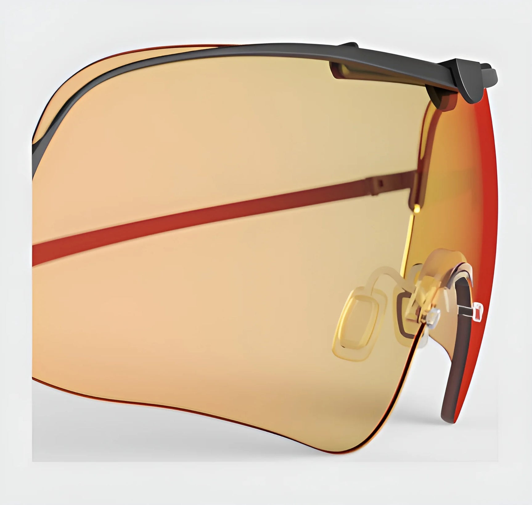 A close-up of cutting-edge, visor-style sunglasses showcases the RE Ranger Falcon Pro Lens, featuring orange-tinted lenses and a sophisticated black frame. These sunglasses are crafted by RE Ranger for superior vision in outdoor activities.