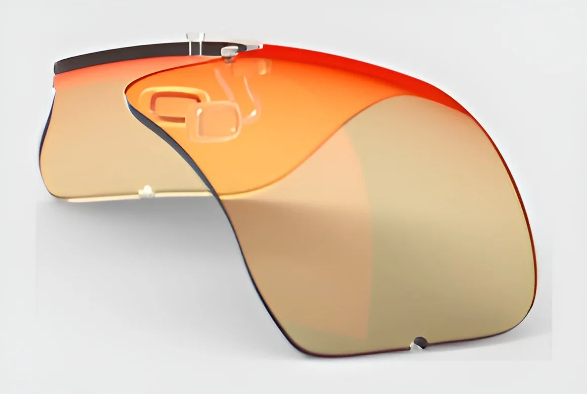 Introducing the RE Ranger Falcon Pro Lens, a futuristic visor featuring a striking orange gradient design with sleek curves and transparent lenses. Perfect for outdoor activities, this standout accessory showcases the advanced vision technology of RE Ranger Falcon Pro Lenses beautifully against a white backdrop.