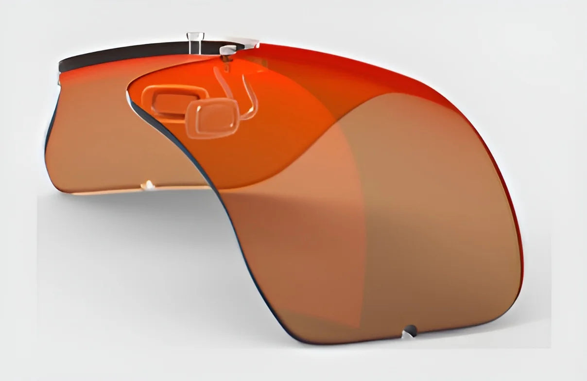 A monocle-equipped visor shield in vibrant orange and black, ideal for outdoor adventures, showcasing the RE Ranger Falcon Pro Lens by RE Ranger to guarantee optimal vision against a pristine white background.