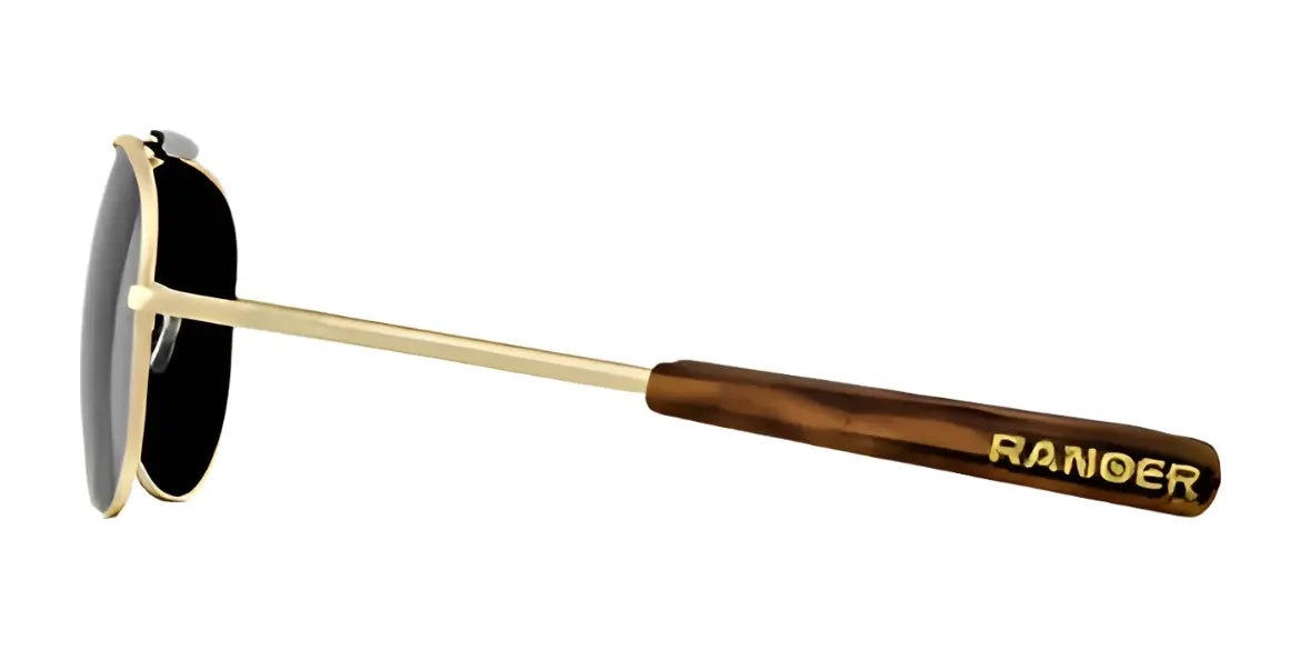 Side view of RE Ranger Heritage Eyewear Sunglasses (Size 61) by RE Ranger, showcasing a gold frame and brown arm with "RANDOER" text—perfect for shooting enthusiasts who value both style and precision.