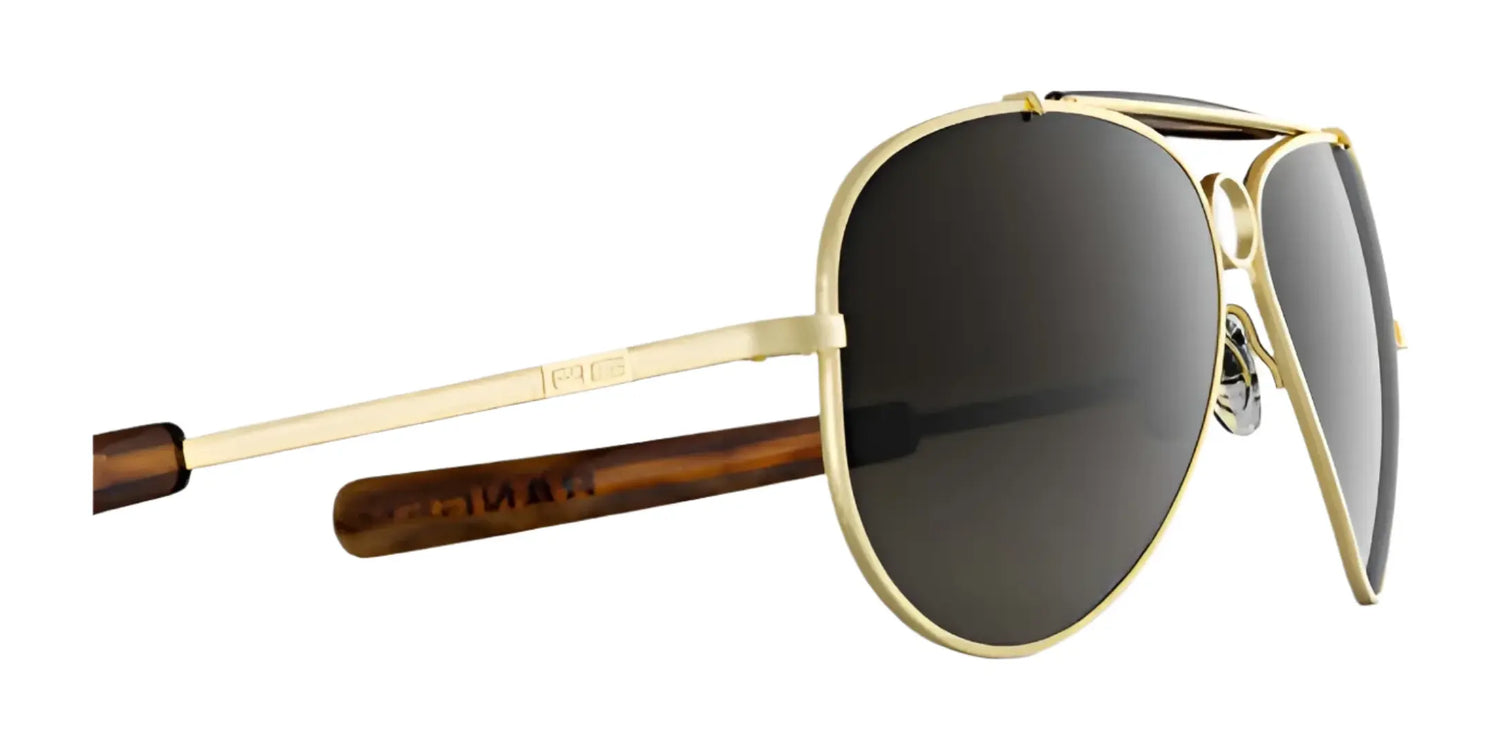 RE Ranger Heritage Eyewear Sunglasses (Size 61) by RE Ranger feature gold aviator frames, dark lenses, and brown temple tips on a white background—a classic design popular with shooting enthusiasts.