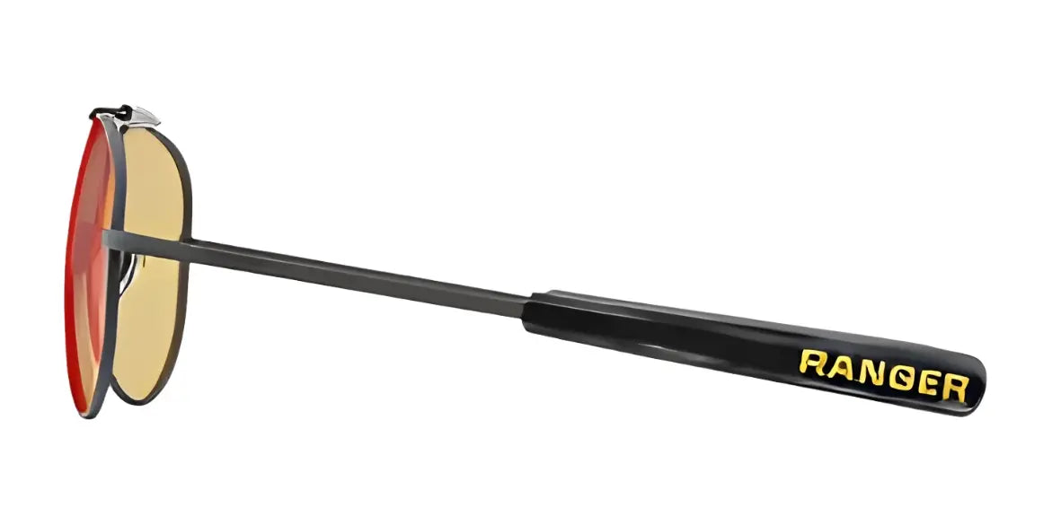 A red and yellow fly fishing magnifier glass with a black handle labeled "RANGER," inspired by the precision and style of RE Ranger Heritage Eyewear Sunglasses Size 61 from RE Ranger.