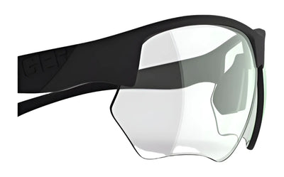 Close-up of RE Ranger Phoenix Sport Lens sports safety glasses by RE Ranger, featuring a black frame and clear angular lenses for sharp vision during indoor shooting, shown on a white background.