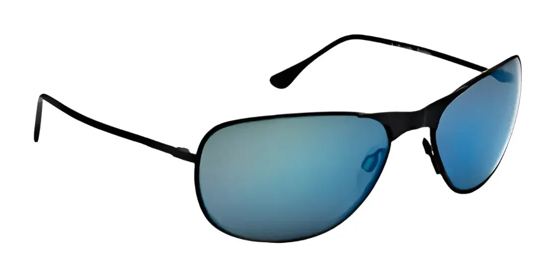 RE Ranger Raptor Sunglasses, Size 59, feature a matte black sport aviator design with polarized blue-tinted lenses against a crisp white backdrop.