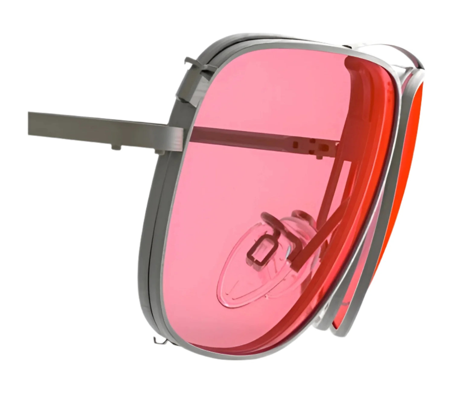 Close-up of RE Ranger Sporter Clip-On Lens eyeglasses showcasing a sleek metallic frame and pink-tinted lens by RE Ranger for a stylish, modern appearance.