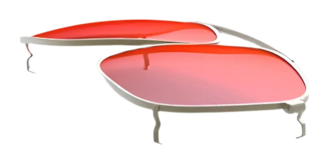 A pair of RE Ranger Sporter Clip-On Lenses by RE Ranger, white frame with red-tinted lenses, displayed from a low angle against a white background.