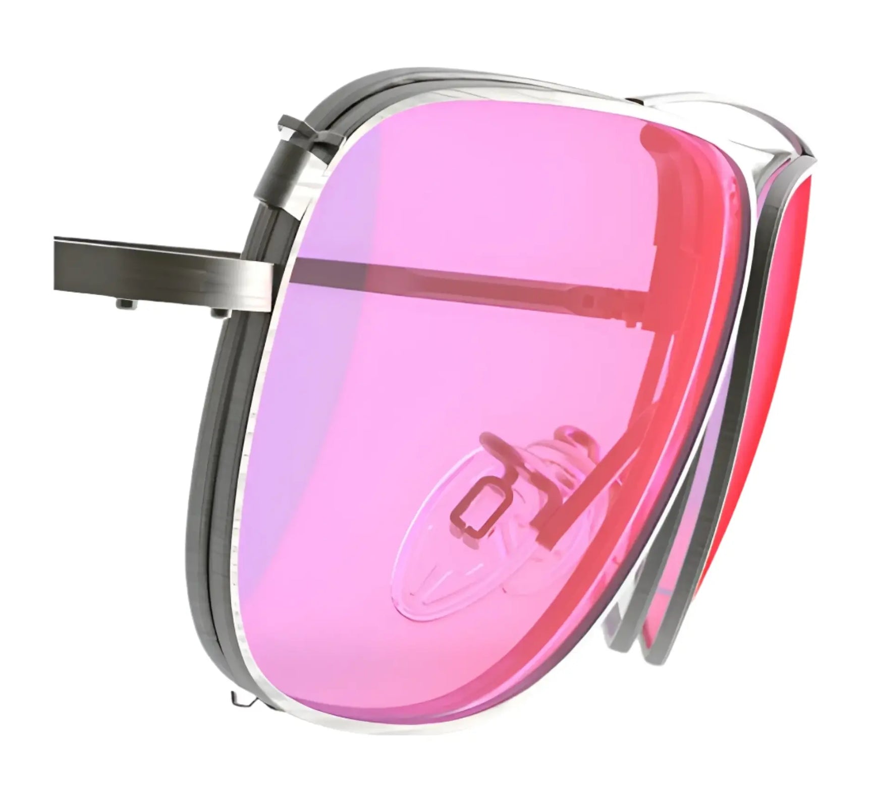 A close-up of RE Ranger Sporter Clip-On Lens eyeglasses by RE Ranger with pink-tinted, frameless design, metallic arms and nose pads, featuring advanced RIACT A.I. lens technology on a white background.