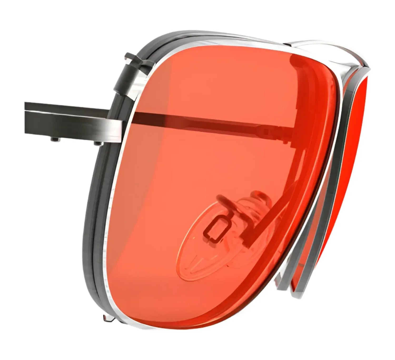 Close-up of RE Ranger Sporter Clip-On Lens with large, red-tinted RIACT A.I. lenses and a sleek metal frame by RE Ranger, viewed from the side.