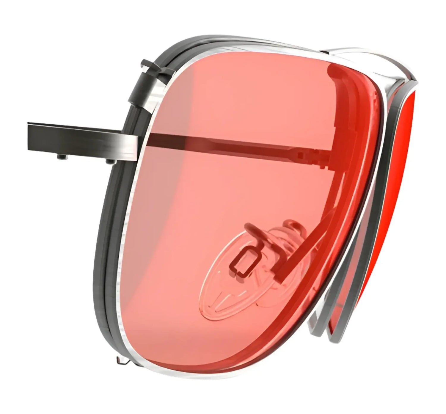 Close-up of the RE Ranger Sporter Clip-On Lens with pink-tinted lenses, silver frame, and nose pad by RE Ranger, isolated on a white background.