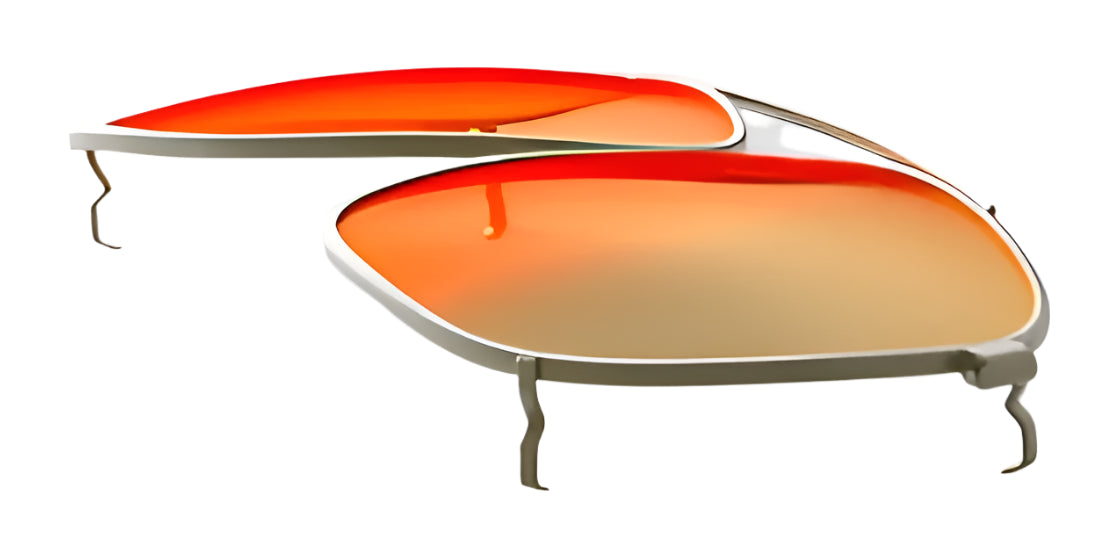 Two pairs of RE Ranger Sporter Clip-On Lens with orange tint and silver frames, featuring RIACT A.I. lens technology by RE Ranger, are overlapped on a white background.