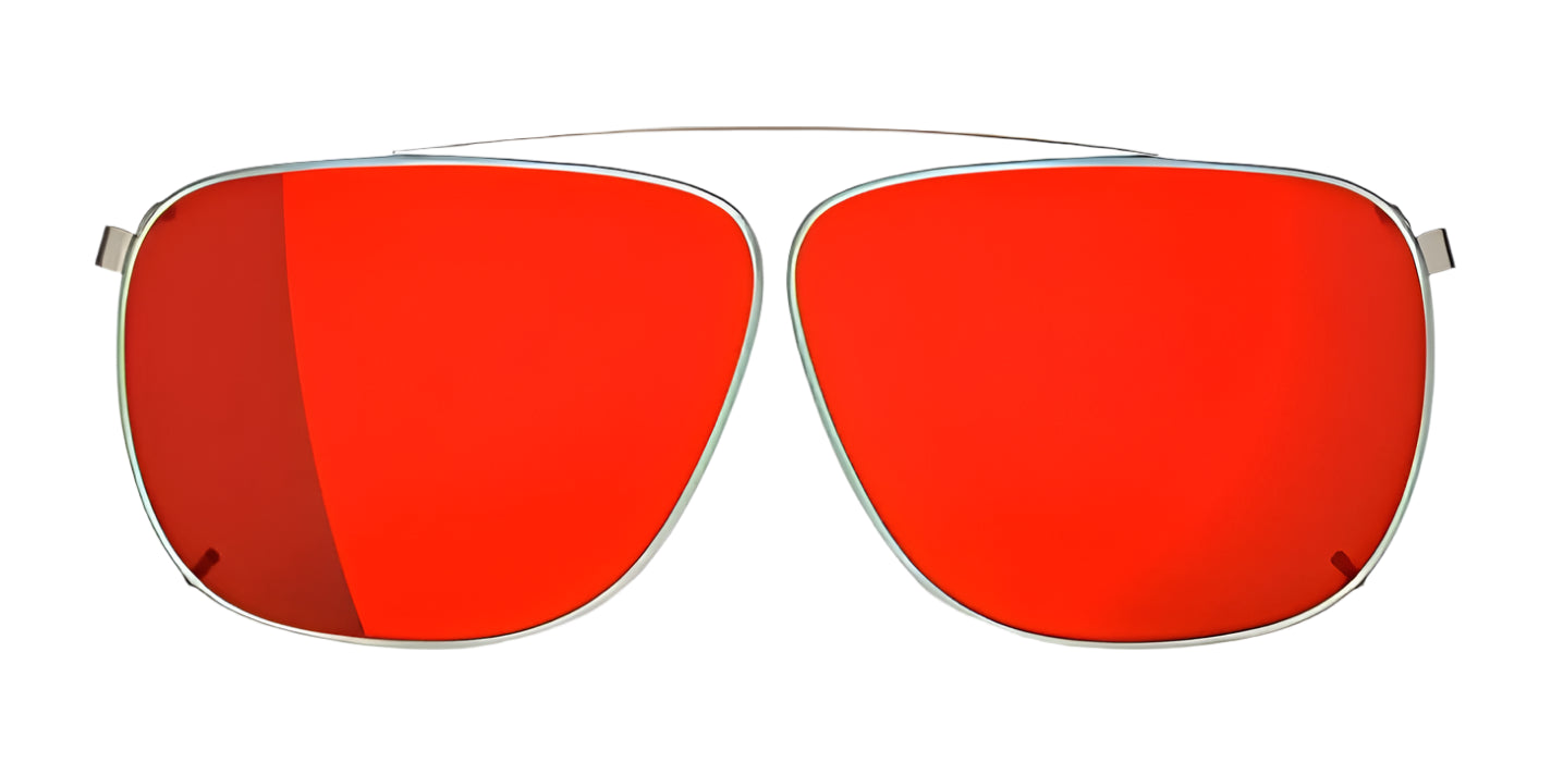 The RE Ranger Sporter Clip-On Lens by RE Ranger features large, square, red-tinted lenses and a thin metal frame that adapts seamlessly to varying light conditions. Shown on a white background.