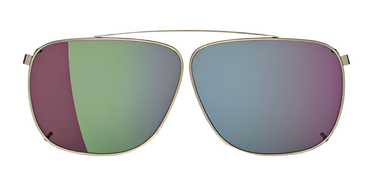 The RE Ranger Sporter Clip-On Lens by RE Ranger features gold aviator frames and mirrored green-purple gradient RIACT A.I. lenses, displayed on a white background—an ideal choice for the modern Sporter.