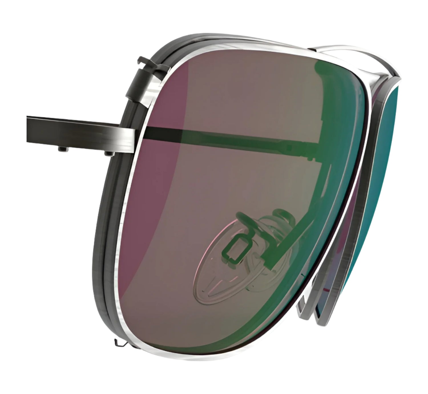 Close-up of RE Ranger Sporter Clip-On Lens sunglasses by RE Ranger, showcasing metallic frames and RIACT A.I. lens technology with reflective, lightly tinted lenses against a white background.