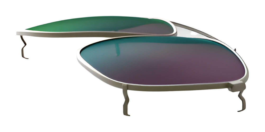 Two RE Ranger Sporter Clip-On lenses by RE Ranger, featuring green and purple mirrored tints, shown detached from their frames on a white background.