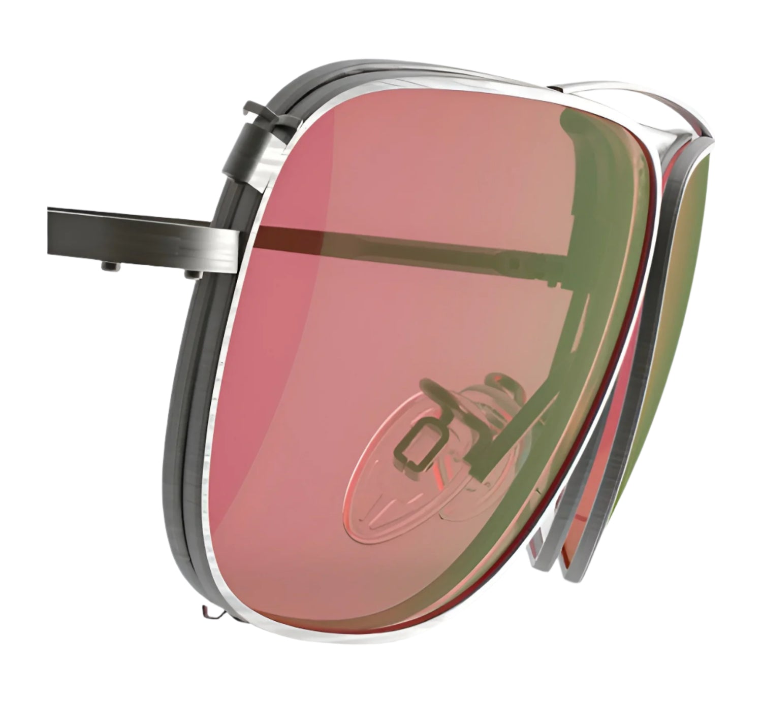 Close-up of the RE Ranger Sporter Clip-On Lens by RE Ranger, shown with pink-tinted RIACT A.I. lenses and a metallic frame against a white background.