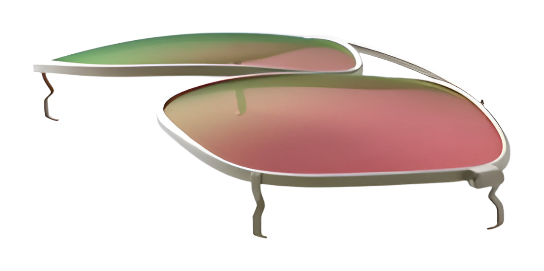 Two detached RE Ranger Sporter Clip-On Lenses by RE Ranger, featuring thin silver frames and a green-pink gradient tint, are shown isolated on white with advanced RIACT A.I. lens technology.