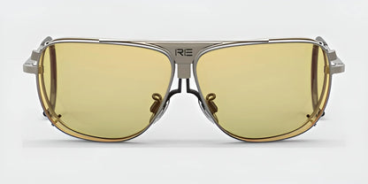 Front view of the RE Ranger Sporter Shooting Sunglasses featuring yellow lenses and a brushed pewter frame with "RE" engraved on the bridge.