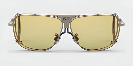 Front view of the RE Ranger Sporter Shooting Sunglasses featuring yellow lenses and a brushed pewter frame with "RE" engraved on the bridge.