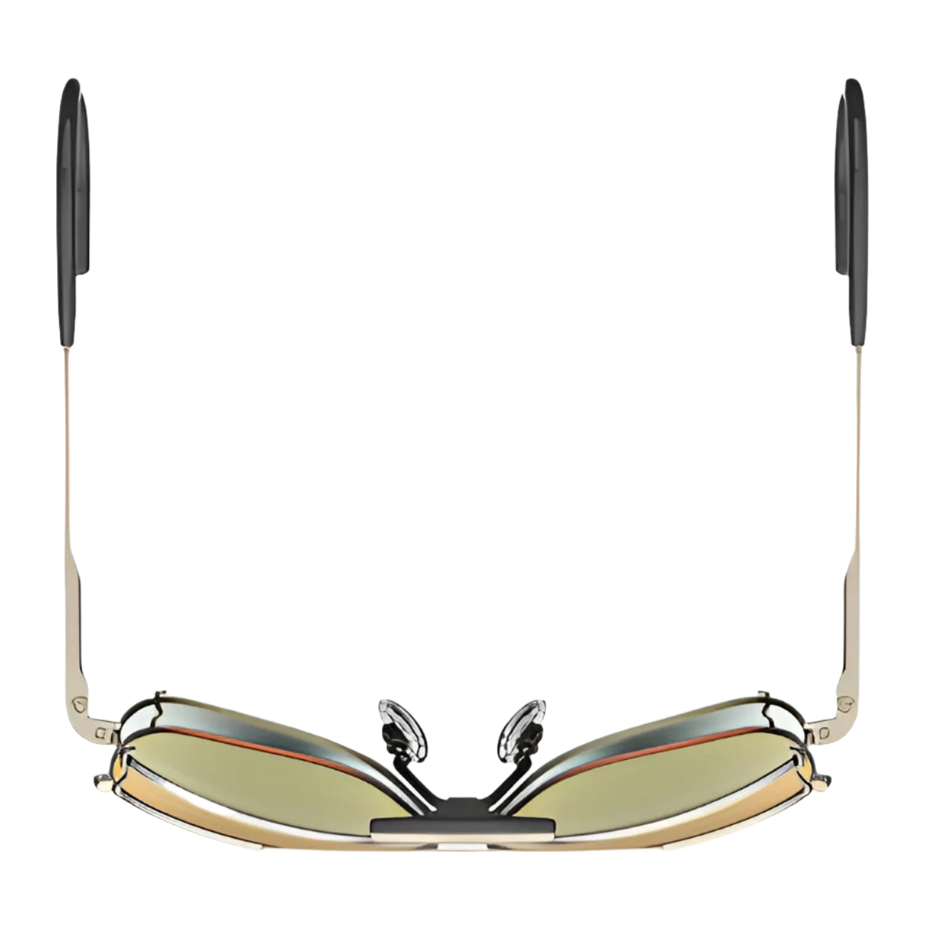 The RE Ranger Sporter Shooting Sunglasses by RE Ranger feature foldable gold frames and dark lenses, lying flat with arms extended upward against a white background. They are perfect for outdoor sports enthusiasts seeking a blend of style and functionality.