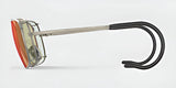 Side view of RE Ranger's Sporter Shooting Sunglasses showcasing their innovative and rugged design, featuring dual black hooks, mirrored red-orange lenses, and a brushed pewter frame against a plain background.