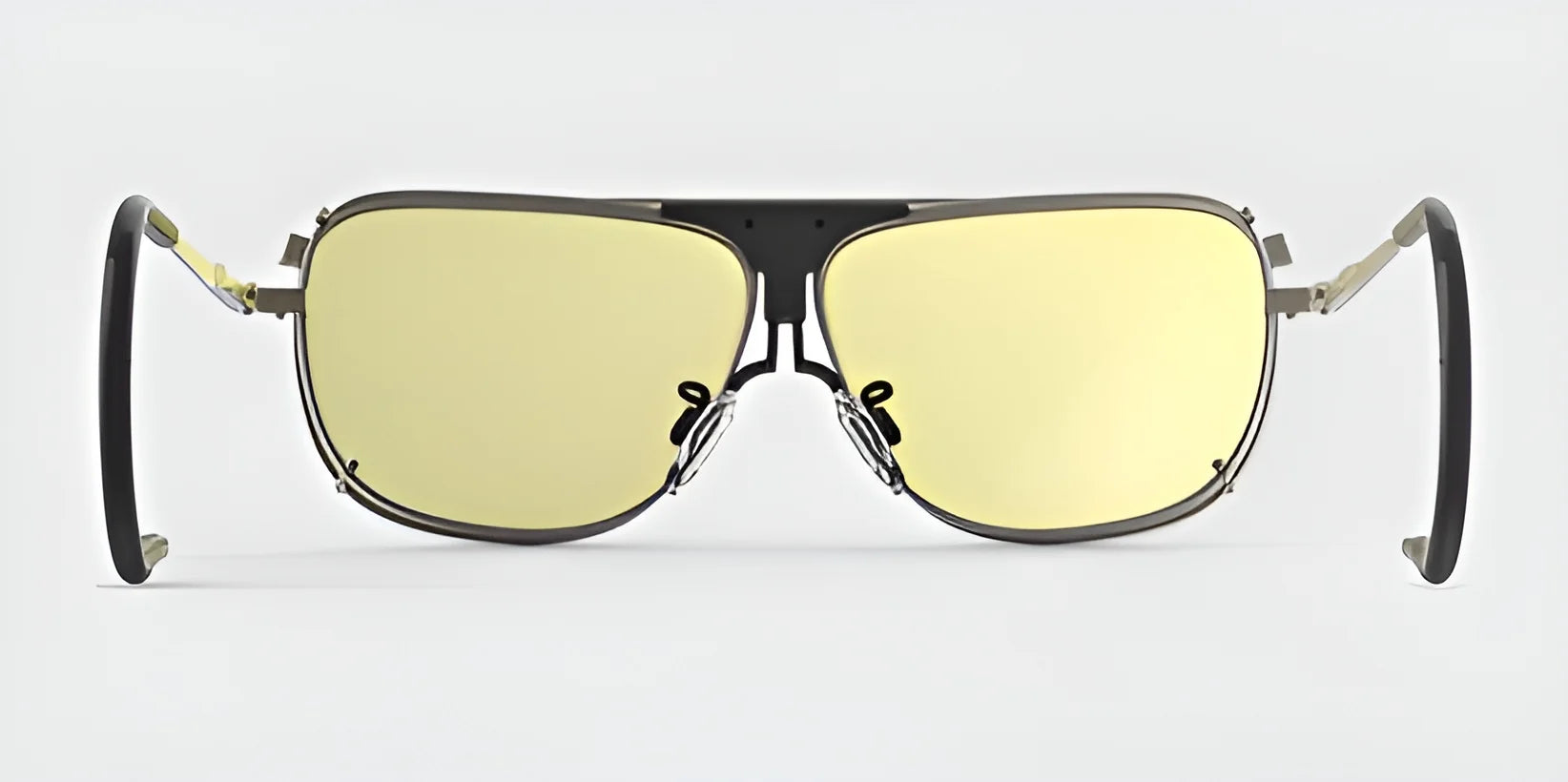 Front view of the stylish RE Ranger Sporter Shooting Sunglasses, featuring oversized yellow lenses and a brushed pewter frame, perfect for outdoor sports.