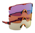 The RE Ranger SuperShot Shooting Glasses by RE Ranger feature ClaySight lenses in purple, brown, and yellow, plus a magnetic interchangeable frame, all stacked together.