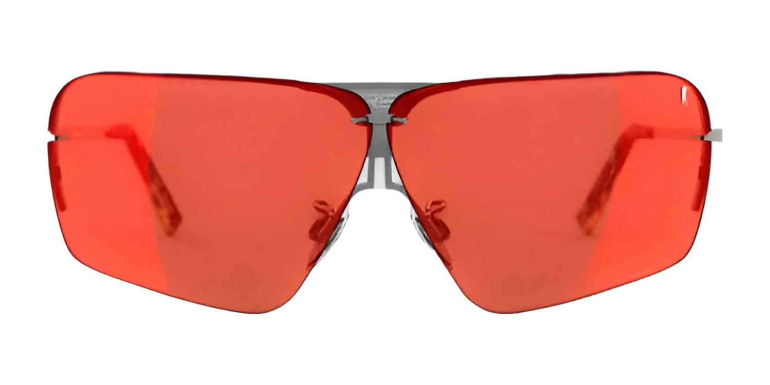 Futuristic sunglasses featuring RE Ranger's large red-tinted lenses and thin temples, named the Ball & Buck Edge Shooting Sunglasses, set against a white background. The eyewear color is Gunmetal & Whiskey Tortoise Windsor.