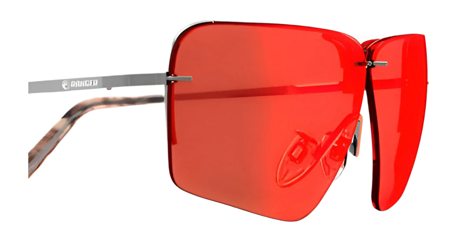 The RE Ranger x The Ball & Buck Edge Shooting Sunglasses feature large red lenses, sleek metal frames, and side shields, perfect for enhancing your clay target shooting experience.
