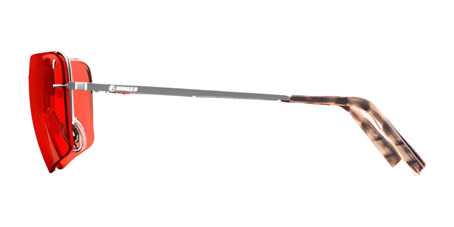 Side view of RE Ranger x The Ball & Buck Edge Shooting Sunglasses featuring HD Medium red lenses and thin metal arms, with a unique lens attachment design ideal for clay target shooting.