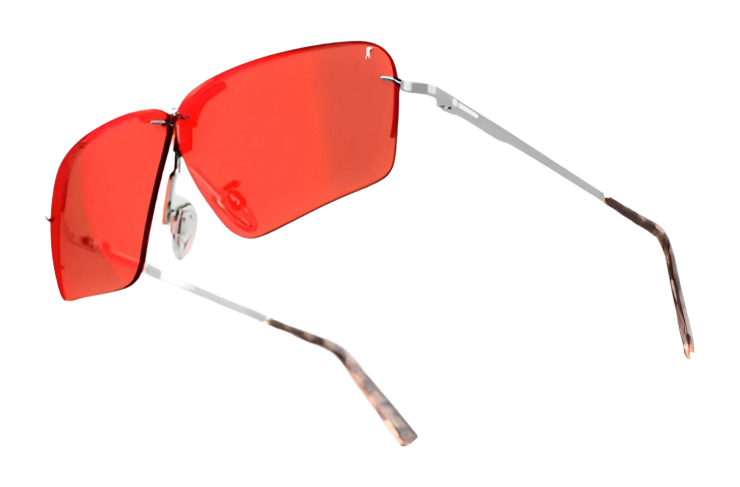 The RE Ranger x The Ball & Buck Edge Shooting Sunglasses feature red-tinted lenses, thin silver frames, and brown temple tips, set against a white background, perfect for clay target shooting.