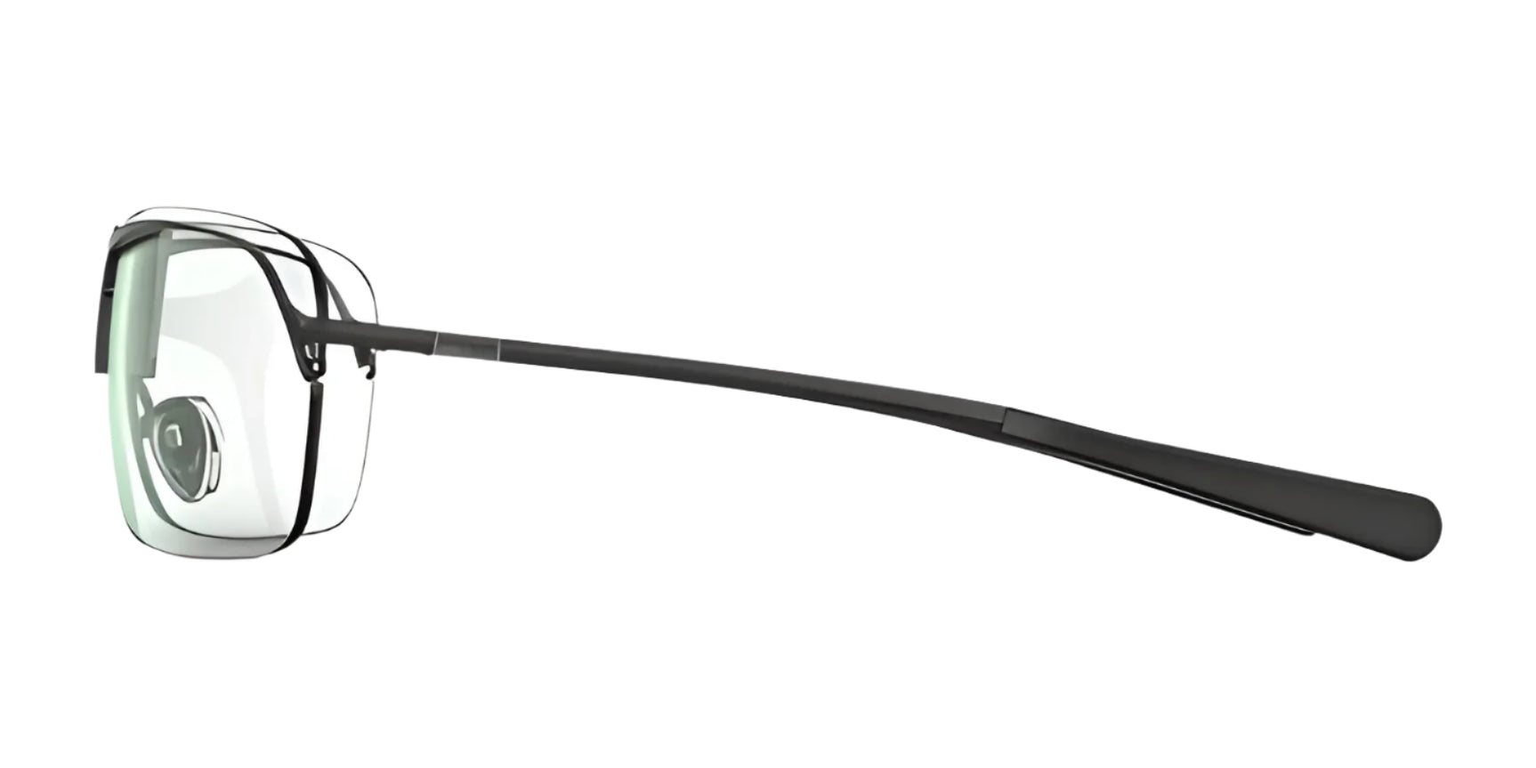 Side view of RE Ranger XLW Shooting Glasses by RE Ranger, featuring black rectangular frames with thin construction and an adjustable nose bridge for a customized fit, on a white background.