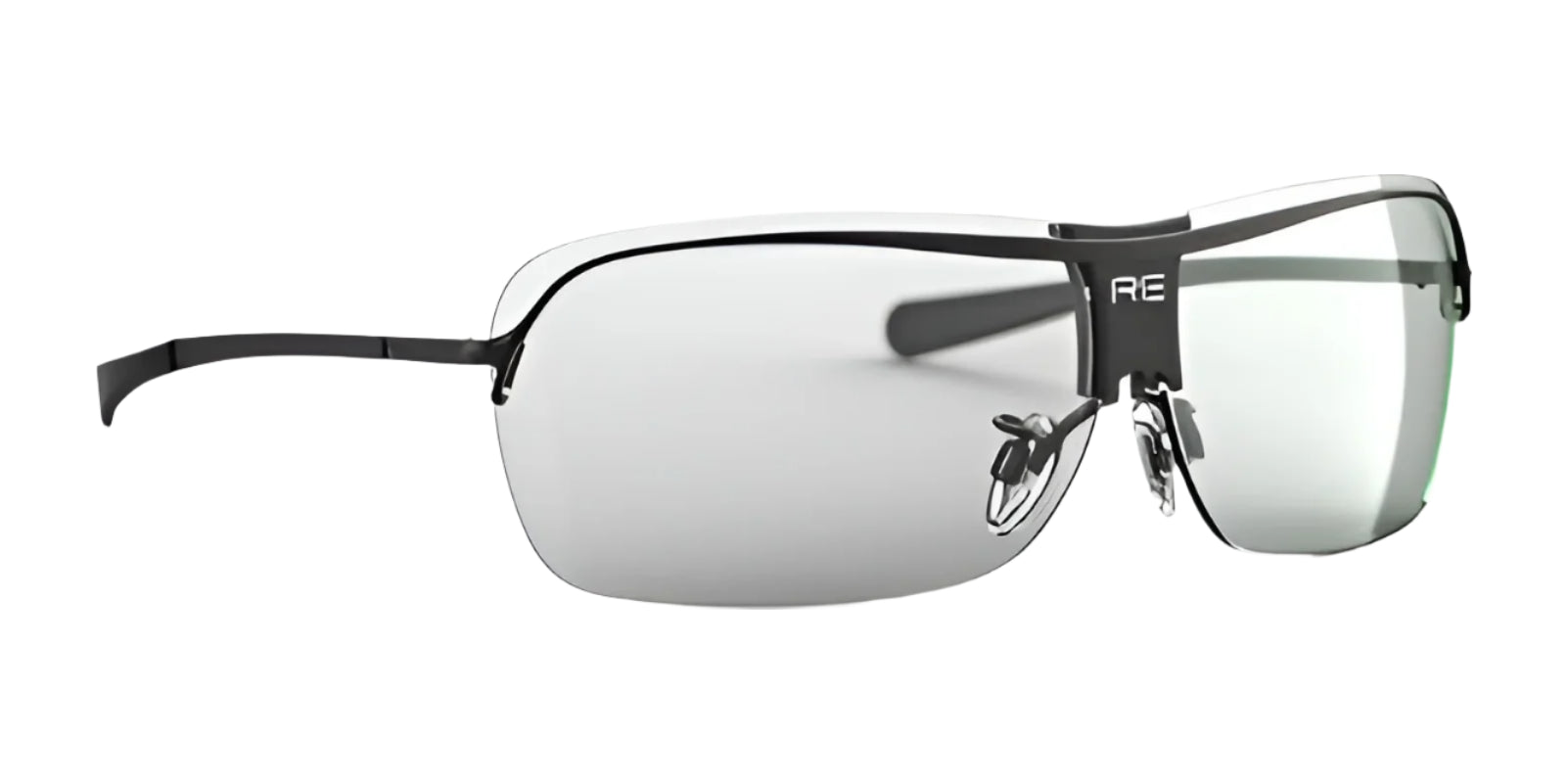 The RE Ranger XLW Shooting Glasses by RE Ranger feature a sleek rimless design, black metal frame, reflective lenses, and an adjustable nose bridge for optimal comfort.