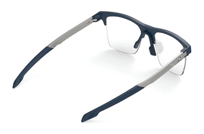 The top view of Rudy Project Inkas Eyeglasses showcases black rims with rectangular lenses and silver temples, merging style and utility in an elegant ophthalmic frame.