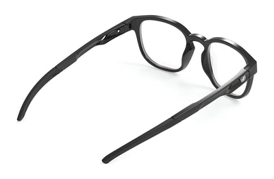 The Rudy Project Iridis 66 Eyeglasses | Size 51 by Rudy Project feature black, round Grilamid frames with a bold profile, displayed from a rear side angle on a white background—ideal for sports and daily wear.