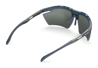 Rudy Project Magnus Sunglasses | Size 75 in dark gray feature partially detached lenses and a sleek, ergonomic frame made from sustainable material, shown from above.