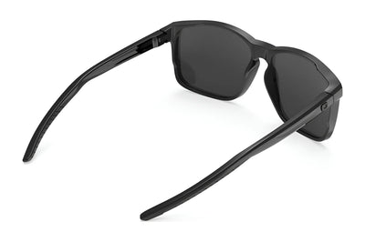 Rudy Project Overlap Sunglasses | Size 58 by Rudy Project, shown from above and behind on a white background, feature sustainable frames and reliable UV protection with black color and dark lenses.