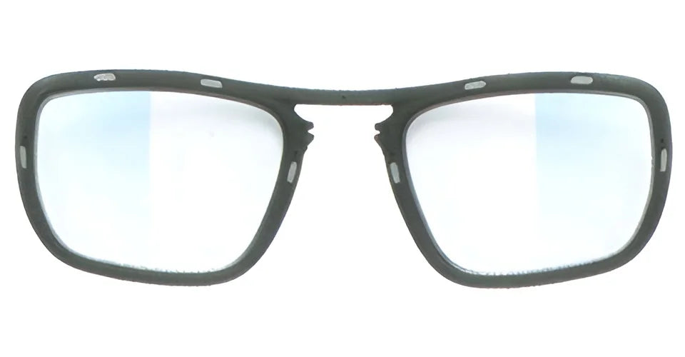 A pair of black, rectangular Rudy Project FR050000 OPTICAL Clip-on eyeglasses with a missing bridge on a white background. Ideal for the outdoor enthusiast who values durable optical clip-on options.