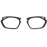 Two black eyeglass frames with a cutout design on the top corners, displayed against a white background. These stylish frames are compatible with Rudy Project RYDON OPTICAL DOCKS Clip-on, making them perfect for those who require prescription lenses.